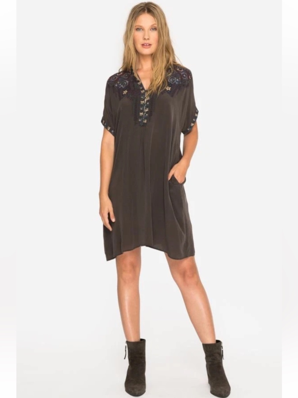 Johnny Was BIYA Wishmor Embroidered Silk Boho Tunic Dress w/pockets